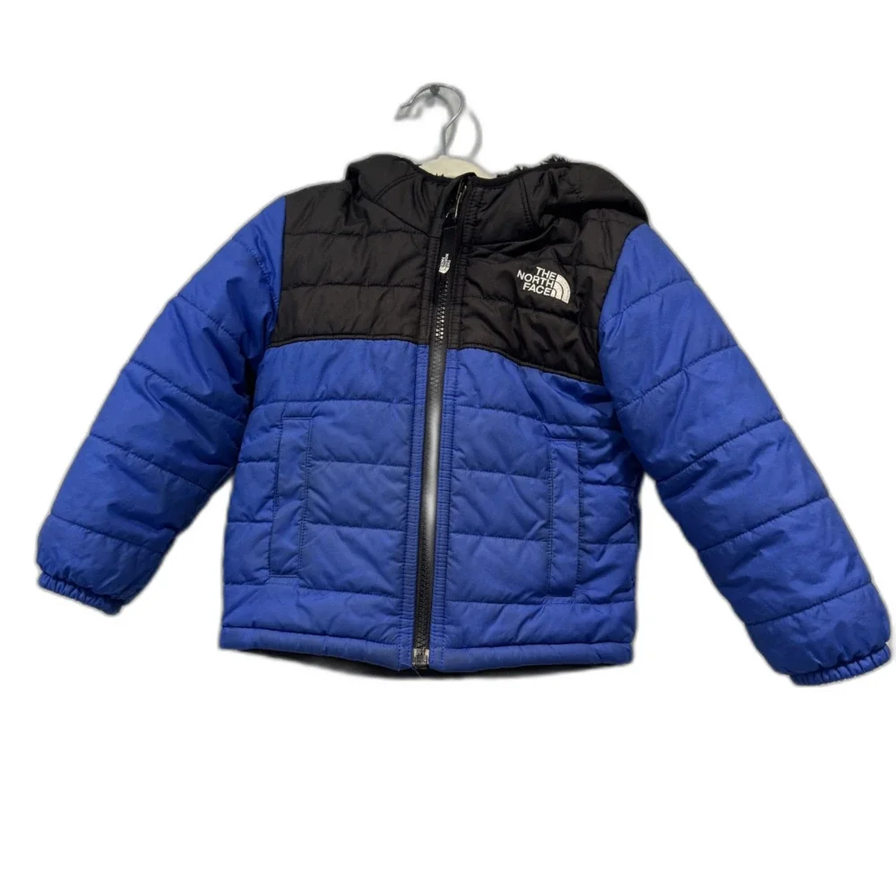 The North Face Reversible Puffer Jacket Coat Sherpa Fleece Blue Black Toddler 2T